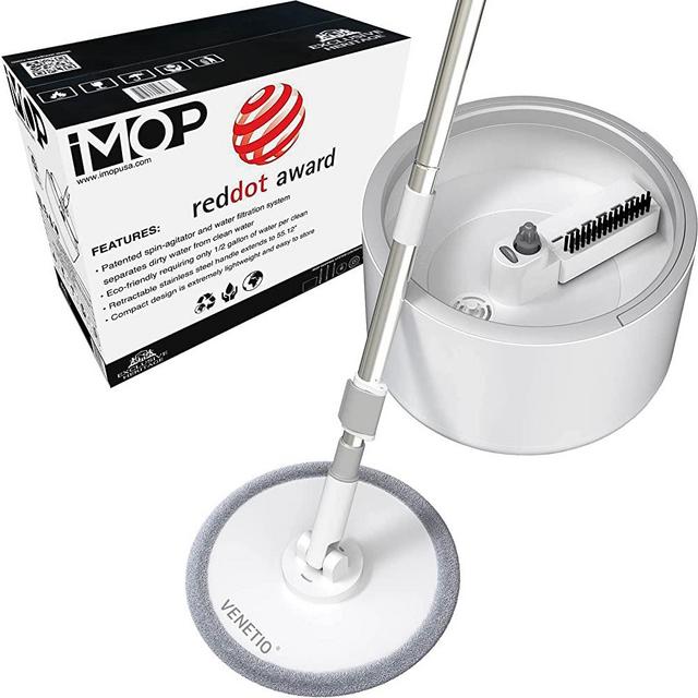 VENETIO iMOP Microfiber Spin Mop & Bucket Floor Cleaning System with 1 Washable and Reusable Pad, Self Cleaning Dry Wet Floor Mop for Hardwood, Wood, Laminate, Tile, Ideal for Pet Owners, White/Gray