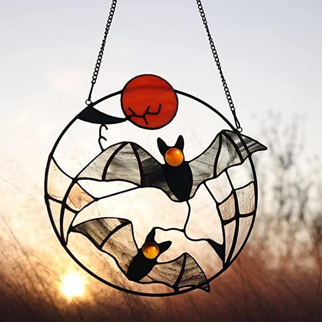 BOXCASA Halloween Bats Stained Glass Window Hangings,Bat Suncatcher,Halloween Decoration for Home,8×8 Inch