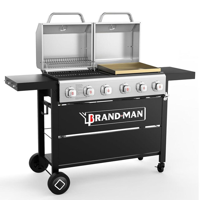 Brand-Man Griddle Grill Combo 6-Burner, 2 in 1 Versatile Propane Gas Grill and Griddle Combo with Double Lids, BBQ Grill with Griddle Combo for Outdoor Kitchen & Backyard Barbecue Cooking