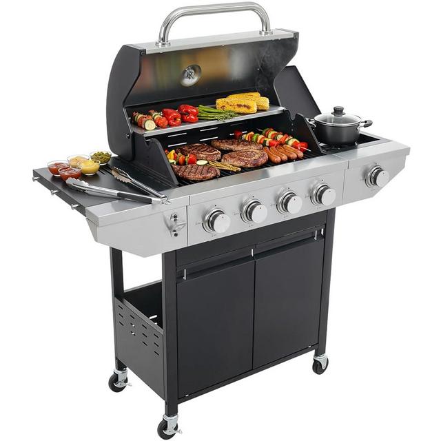 EUHOME 4-Burner Propane Gas BBQ Grill with Side Burner, 46,500 BTU Output Stainless Steel Barbecue Grill with Enameled Cast Iron Grates and Side Tables for Outdoor Cooking Kitchen and Patio Backyard