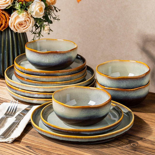 TheTerra Ceramic Dinnerware Sets for 4, 12 Pieces Handmade Reactive Glaze Plates and Bowls Sets, Scratch Resistant Dish Set, Oven & Microwave & Dishwasher Safe, Brown Blue