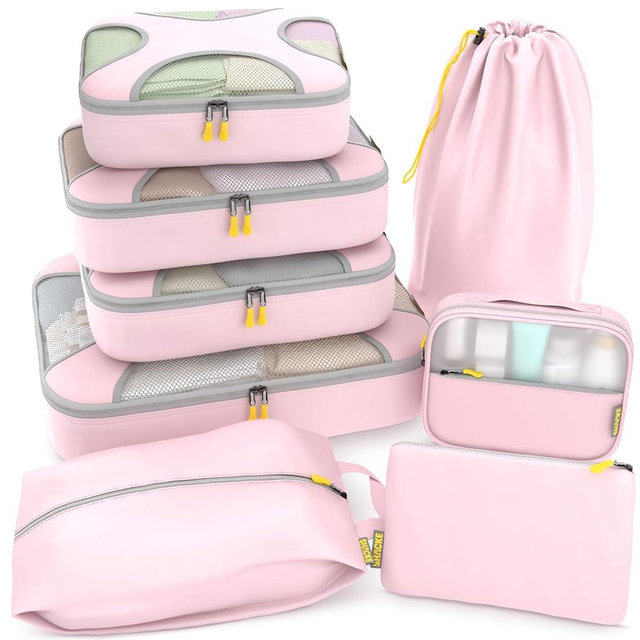 Shacke Premium 8 Packing Cubes Set - Lightweight Mesh Travel Luggage Organizers with Laundry Bag, 8-Piece Suitcase Storage System (Petal Pink)