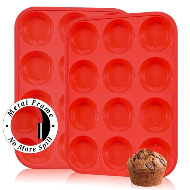 CAKETIME Silicone Muffin Pan for Baking, Metal Reinforced Frame 12 Cups Muffin Pan Regular Size Cupcake Pan Silicone Nonstick Easy to Move