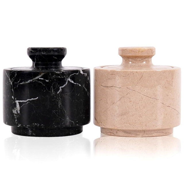 Marble Salt Cellar 3" Black Zebra and Verona Salt and Spices Bowl for Kitchen & home Décor, Sea Salt Holder with Lid Storage Container