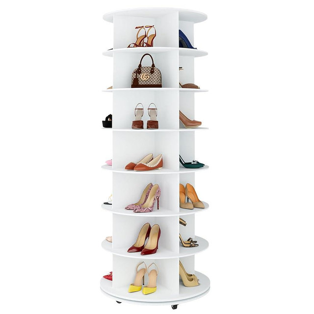 Gujiam 7-Tier Rotating Shoe Rack Tower 360 with Wheels, 66.9in Spinning Shoe Rack, Revolving Shoe Rack, Shoe Carousel Closet Organizer, Free Standing Shoe Rack for Entryway Living Room Hallway White