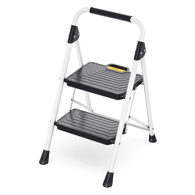 TOOLF 2 Step Ladder, Sturdy Steel Step Stool with Anti-Slip Wide Pedals, Handrail, Safe-Lock Design, Folding Portable Ladder for Multi-Purpose, Home, Kitchen, Pass 800lbs Load Testing, White