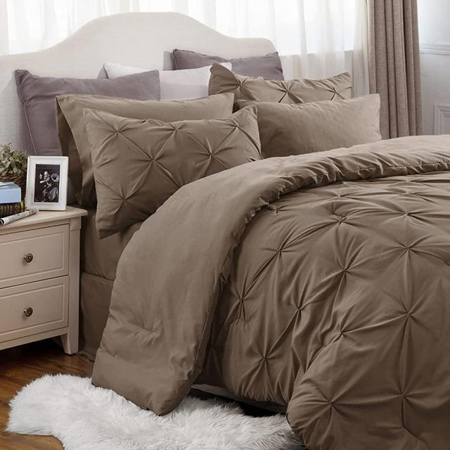 Bedsure King Size Comforter Set - Bedding Set King 7 Pieces, Pintuck Bed in a Bag Brown Bed Set with Comforters, Sheets, Pillowcases & Shams