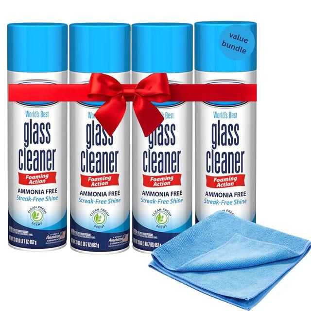 Professional Glass Cleaner Spray - 4 Pack Streak-Free Foam (23oz Each) + Microfiber Cloth - Ammonia-Free Window & Mirror Cleaner