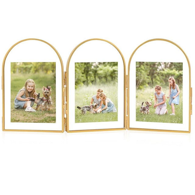 Jajamy Gold Floating Frame, Arched 4x6 Triple Gold Folding Picture Frames, Vintage Brass Glass Picture Frames for Artwork Photo Tabletop Display(4x6 Vertical)