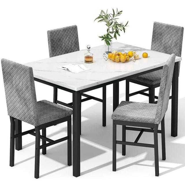 Recaceik Dining Table Set for 4, Modern 5 Piece Dining Table Set Faux Marble Kitchen Table & 4 Velvet Upholstered Chairs, Dining Room Set for Small Space
