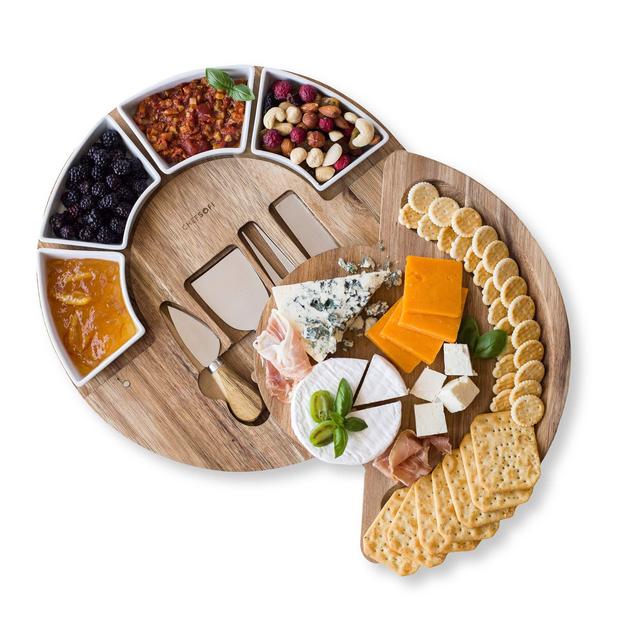 Cheese Board Set - Charcuterie Board Set and Cheese Serving Platter. US Patented 13 inch Meat/Cheese Cutting Board and Knife Set for Entertaining and Serving - 4 Knives and 4 Bowls Server Plate