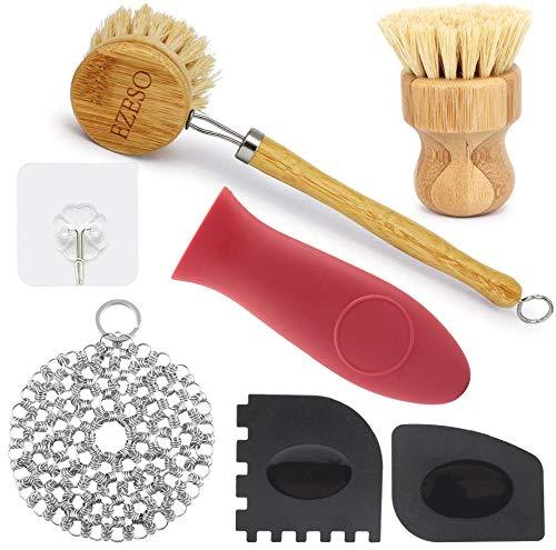 Cast Iron Cleaner Kit - 7 Piece Cast Iron Cleaning Kit Upgraded Stainless Steel Chainmail Scrubber Bamboo Dish Brush, Hot Handle Holder, Pan Grill Scrapers Household Kitchen Cleaning Tools(Set B)