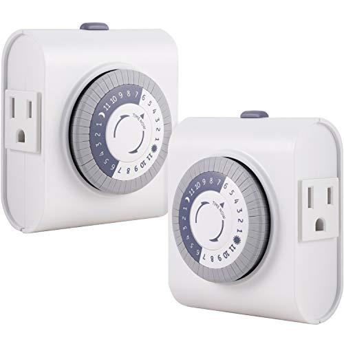GE 24-Hour Heavy Duty Indoor Plug-in Mechanical Timer 2 Pack, 30 Minute Intervals, Daily On/Off Cycle, for Lamps, Seasonal Lighting, Holiday Decorations, 46211, Grounded 2-Outlet | Gray/White
