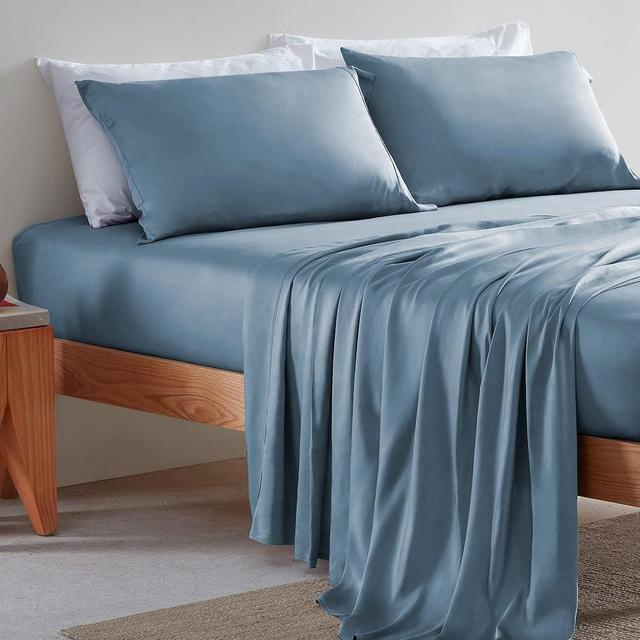 SLEEP ZONE Queen Sheets, 100% Viscose Derived from Bamboo, Silky Queen Cooling Sheet Set, 16" Deep Pocket, Breathable & Soft Bed Sheets, Hotel Luxury Silky Bedding Sheets & Pillowcases, Blue