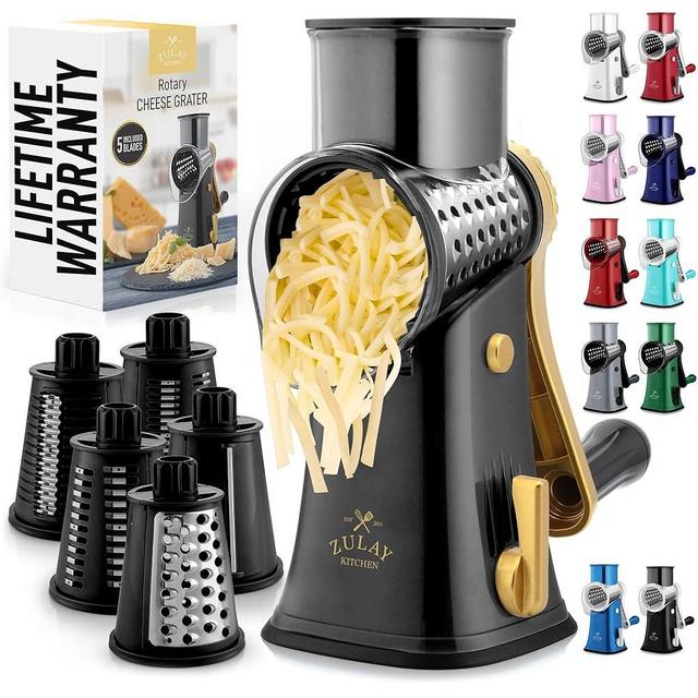 Zulay Rotary Cheese Grater 5 Blade Cheese Shredder - Manual Hand Crank Cheese Grater With Reinforced Suction & 5 Interchangeable Drums - Easy to Use Vegetable Chopper - Black Royale