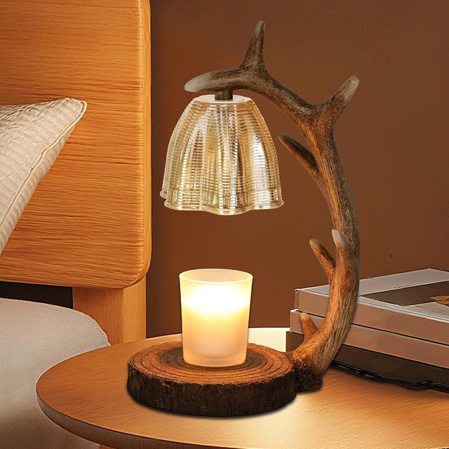 Candle Warmer Lamp | Rustic Candle Warmer Lamp with Timer and Dimming Function | Suitable for Retro Decoration and Creative Gifts Features A Resin Reindeer Antler Design and Comes with 2 Light Bulbs