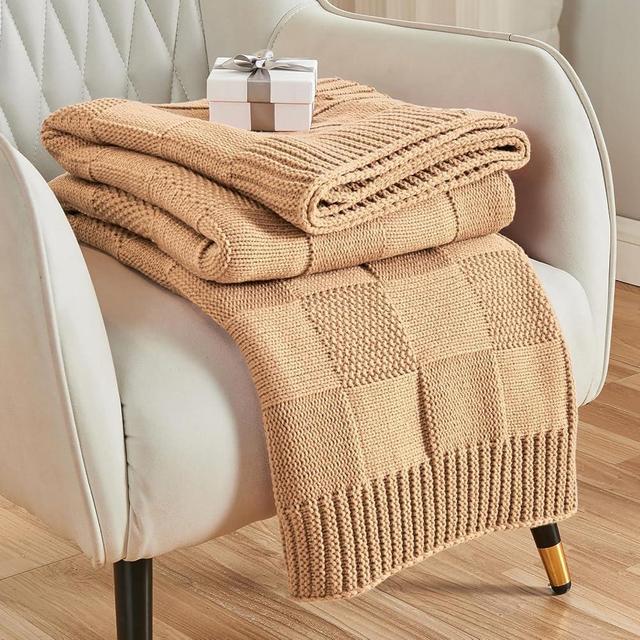 CozeCube Knit Throw Blanket,Beige Checkered Throw Blanket for Couch,Soft Cozy Warm Knitted Throw Blanket for Bed Sofa Living Room,Decorative Spring Fall Throw Blanket 60"X80",Beige