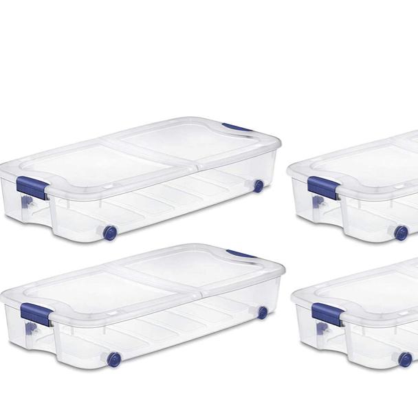 4-Pack Under Bed Plastic Storage Bin Unit Boxes Are Containers For Clothes, Shoes, Linen. 66 Quart Capacity