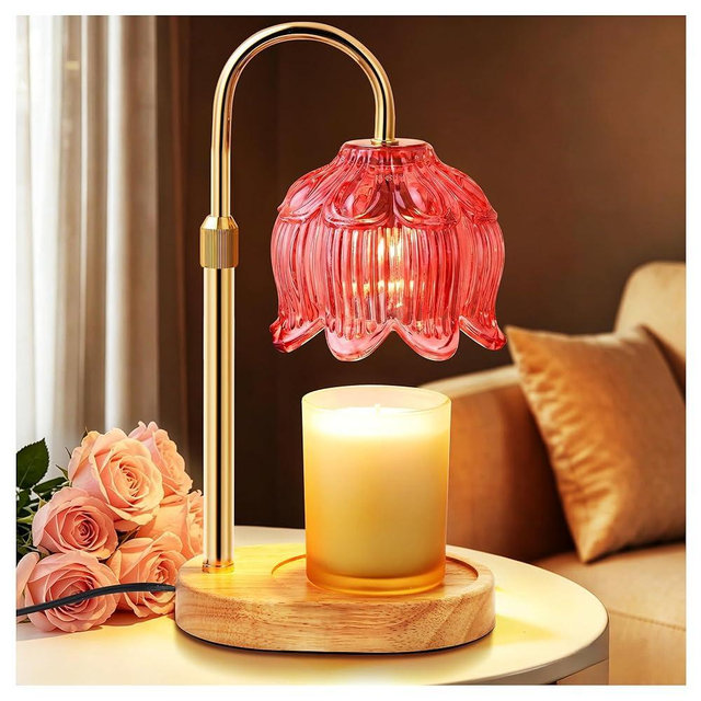 Flower Candle Warmer Lamp for Jar Candles with Timer & Dimmer, Adjustable Height Fits Large Jars up to 7.08" Tall, Flameless Wax Warmer, Cozy Bedroom Home Decor, Gift for Mom Women,Red