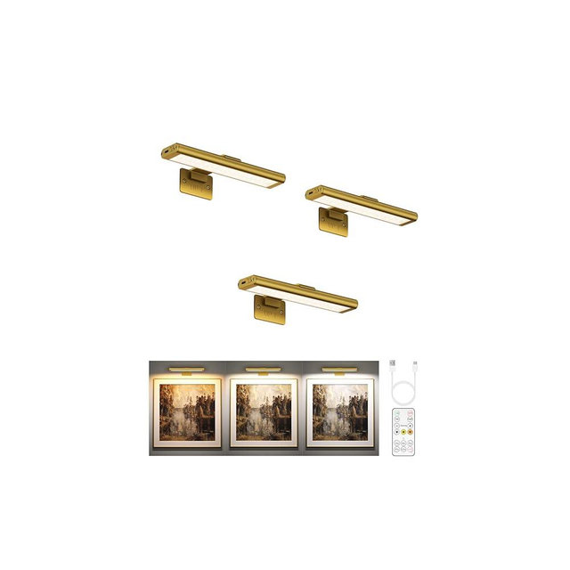 EZVALO Picture Light for Wall, Rechargeable 2400mAh Battery Lights Wireless Remote, 3 Color & Dimmable Magnetic 8'' LED Lights Display for Painting, Living Room, Gallery, Bedroom, Dashboard(Gold-3P)