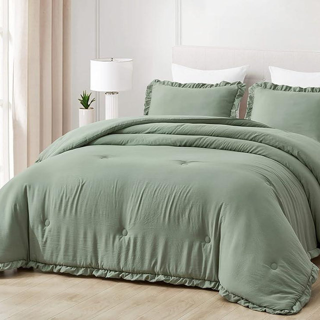 Chezmoi Collection Nora 3-Piece Ruffled Edge Trim Soft Washed Microfiber Comforter Set (Oversized King, Sage Green)