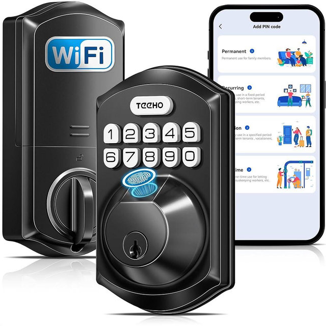 TEEHO TE012W WiFi Smart Lock, Fingerprint Door Lock with Built-in Wi-Fi, Keyless Entry Keypad Smart Deadbolt, App Remote Control, Alexa Compatible, IP55 Waterproof for Front Door – Matte Black