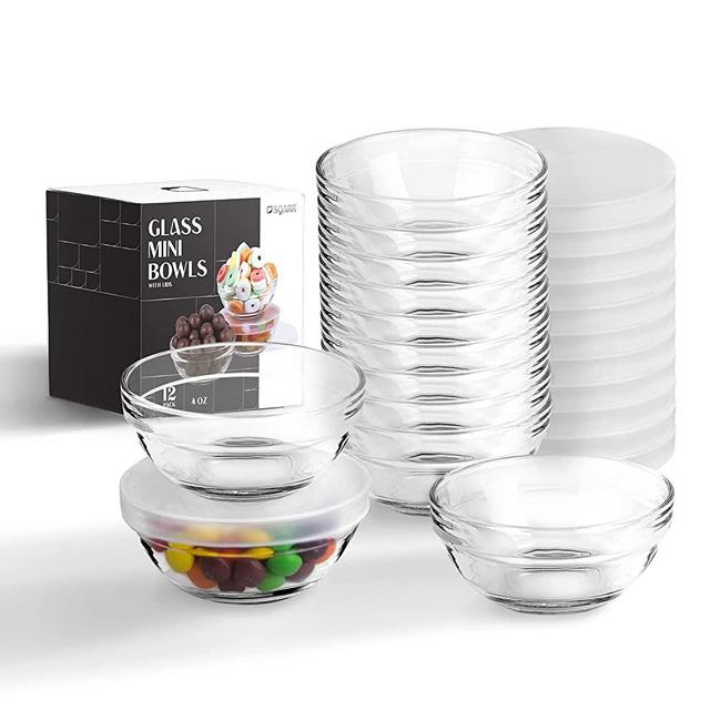 Mini 3.5 Inch Serving Bowls Kitchen Gadgets - 12 Glass Bowls 4 oz Capacity - Mini Prep Bowls with Lids for Kitchen Prep - Stackable Clear Bowl Dessert Cups, for Dips, Nuts, Candy or Spice