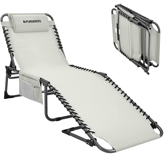 FUNDANGO Folding Chaise Lounge Chair for Outdoor, Lawn, Patio, Beach, Sunbathing, Deck, Lay Flat 4-Fold Portable Lightweight Heavy-Duty Adjustable Camping Reclining Chair with Pillow, Grey
