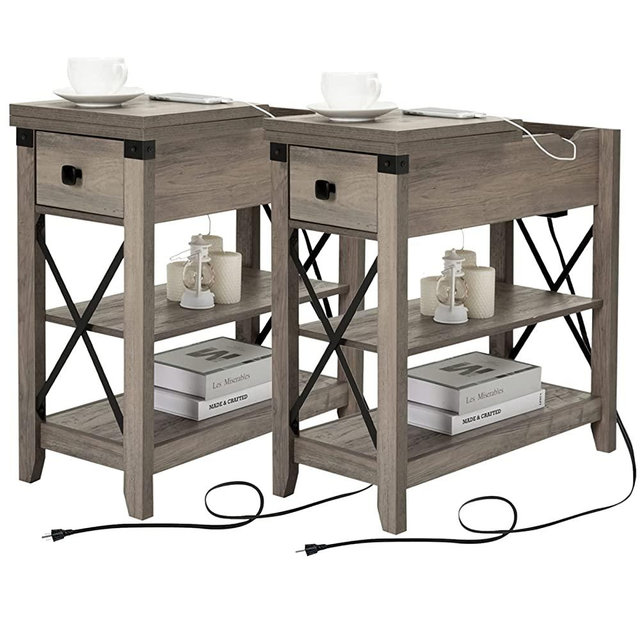 Awescuti Narrow End Table with Charging Station - Farmhouse Slim Side Table Set of 2, with USB Ports Power Outlets, Nightstand with Flip Top Storage Drawer, for Small Spaces Living Room Bedroom, Gray
