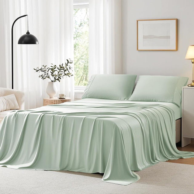 ACCURATEX Cooling Sheets King Size - Viscose Made from Bamboo, Luxury Cool Silky Sheet Set for King Size Bed, Super Soft Breathable Bedding Sheets up to 16 inches Deep Pockect,Sage Green