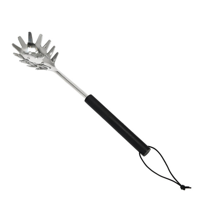 Storied Home Stainless Steel Slotted Pasta Server with Mango Wood Handle and Leather Tie, Black