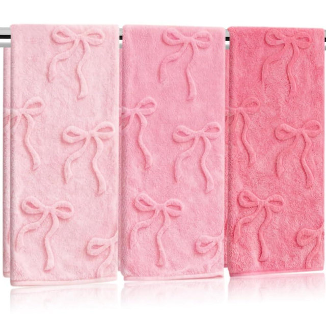 Whaline 3Pcs Pink Bow Hand Towel 3D Jacquard Cotton Towel Absorbent Coquette Dish Towels for Valentine's Day Home Kitchen Bathroom, 13.8 x 29.5 Inch