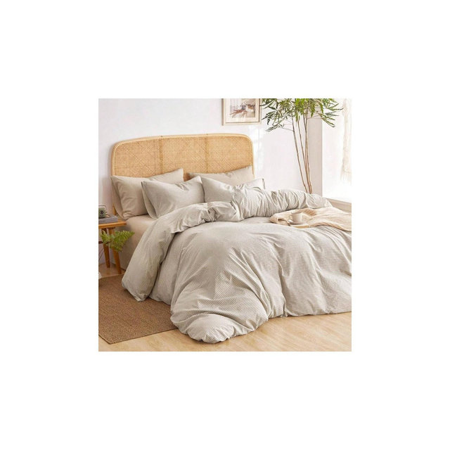 Tan Striped Washed Cotton Duvet Cover Set Queen 90"x90" Farmhouse Bedding 3 Piece Beige Queen