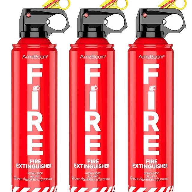AmzBoom Fire Extinguisher for Home, Car, Kitchen, and Boat 3-Pack with Emergency Survival Kit, Portable Extinguishing Aerosol Spray Compact A, B, C, K – Includes Mounting Brackets for Easy Access.