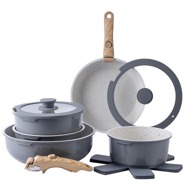 Country Kitchen 16 Piece Pots and Pans Set - Safe Nonstick Kitchen Cookware with Soft Touch Wooden Removable Handle, RV Cookware Set, Oven Safe (Grey/Ivory)