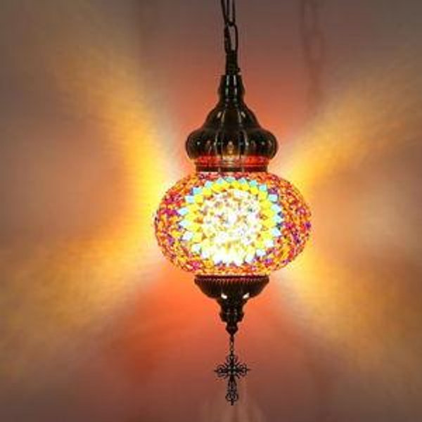 Turkish Moroccan Pendant Hanging Light, Hardwired Glass Mosaic Ceiling Lamp, Tiffany Style Hanging Lamp with 6.8in Large Shade, Decorative Pendant Chandelier for Bedroom Living Room