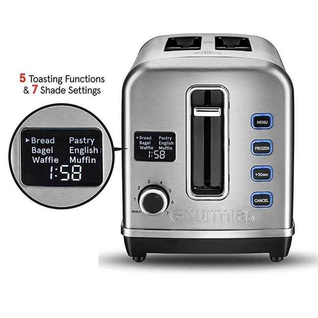 Gourmia GDT2650 - Digital Display Toaster with 5 Toast Functions, 7 Shade Settings, Rapid Reheat Mode and Extra Wide Slots - Stainless Steel