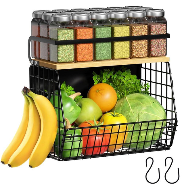 Ofiray-home Magnetic Shelf for Fridge with Wood Lid, Fruit Potato and Onion Storage Bins, Pantry Organizers & Storage, Large Container Magnetic Spice Rack for Refrigerator, Kitchen Counter (Black, 1)