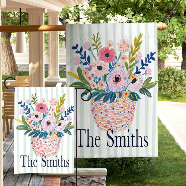 Personalized Summer Bouquet Decor Gift Custom Family Name Garden Flag Summery Porch Decor Greenery Vase Yard Flag