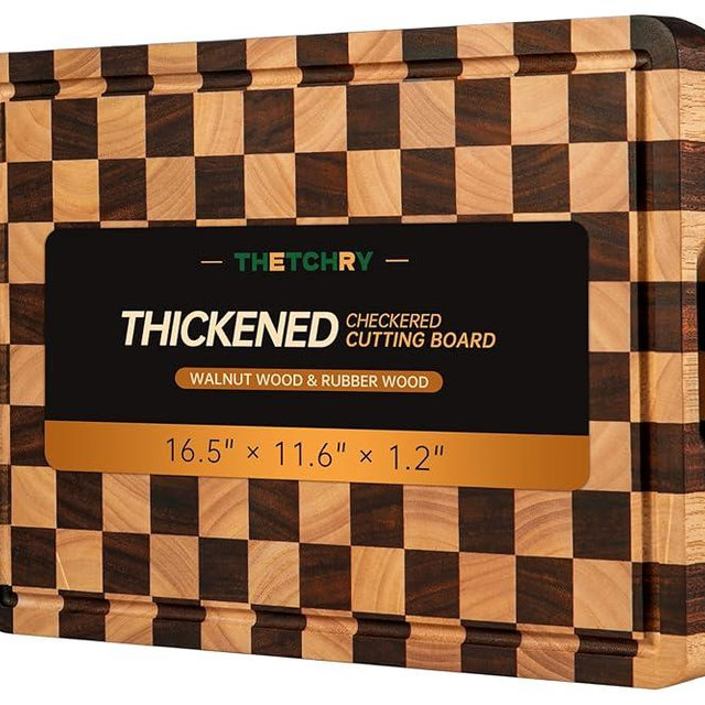 THETCHRY Cutting Boards for Kitchen, Checkered Cutting Board Thickened, Walnut & Rubber Wood Chopping Board with Juice Groove & Handle, Double-sided Butcher Block with Gift Box, 16.5" x 11.6" x 1.2"