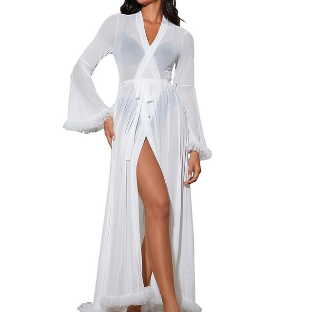 OYOANGLE Women's Ruffle Trim Long Sleeve Belted Sheer Mesh Wedding Bride Robe Nightgown