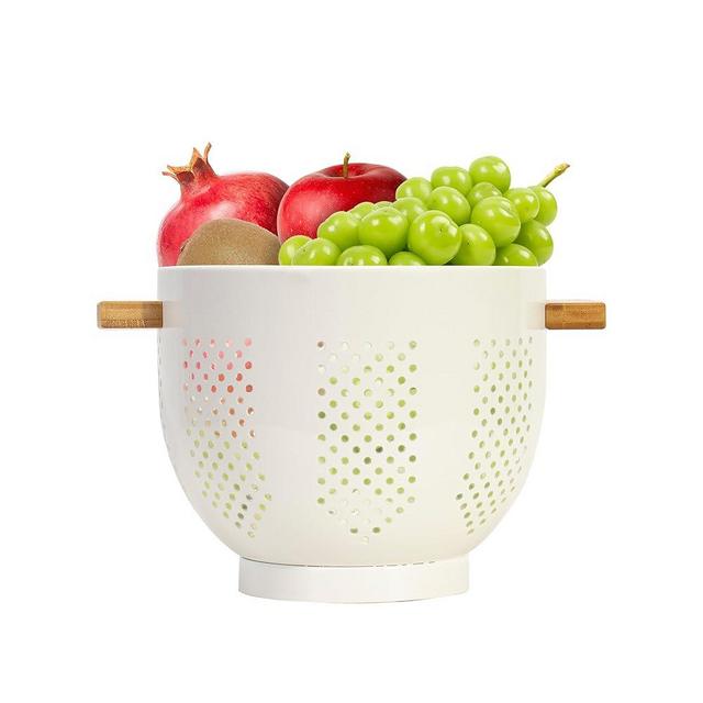 JYGMCO Colanders with Wood Handle - Kitchen Essential Metal Strainers & Colanders,Large Strainer Perfect for Pasta, Fruits, and More Food (Milky White 5.5 QT)