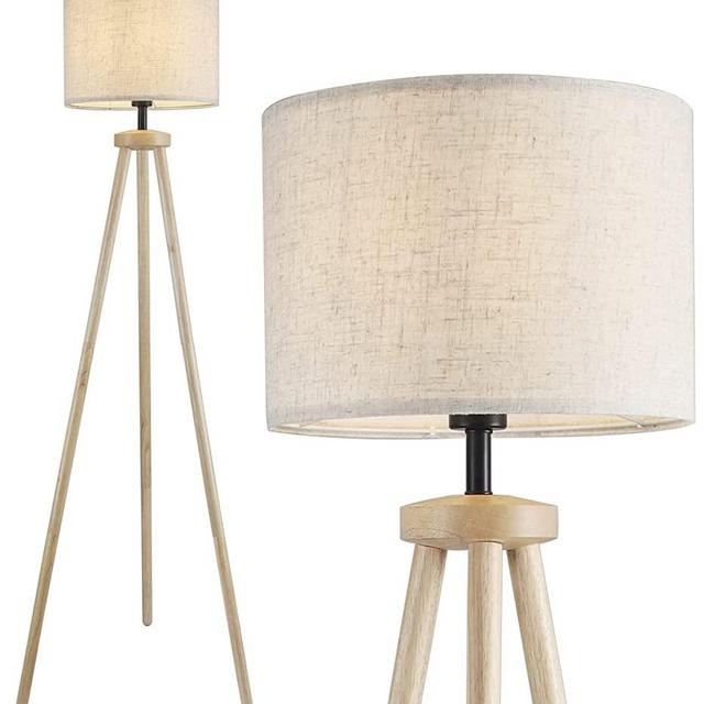 Tripod Floor Lamp for Living Room, Wood Floor Lamp with Elegant Flaxen Lamp Shade and E26 Edison LED Bulb, Mid Century Standing Light for Office, Study Room, Bedroom