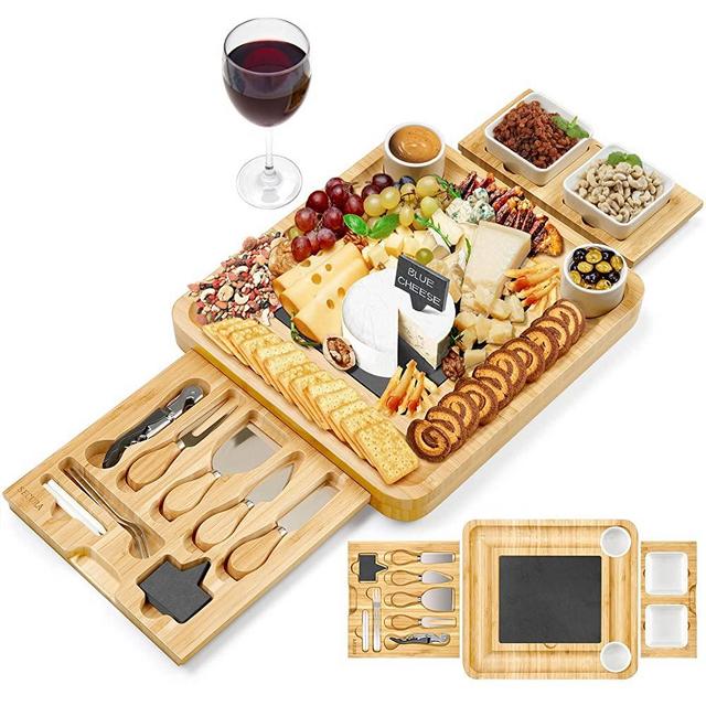 Secura Large Charcuterie Boards, Bamboo Cheese Board and Cutlery Knife Set for Wine Meat Cheese Platter Slate Cheese Board Unique Gift for Housewarming, Wedding