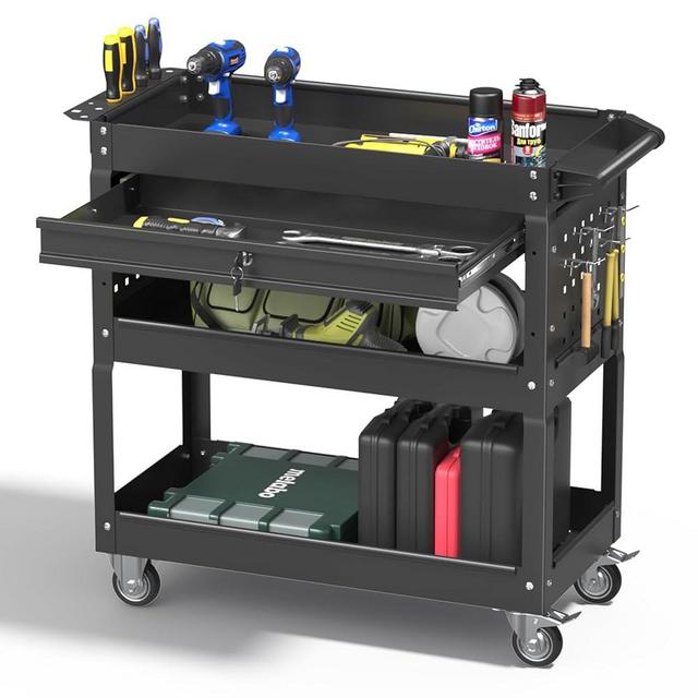 Pelnuies 3 Tray Rolling Tool Cart, 400 LBS Capacity Mechanic Tool Cart on Wheels, Heavy Duty Utility Cart with Drawers, Metal Work Cart for Garage, Warehouse and Repair Shop, Black