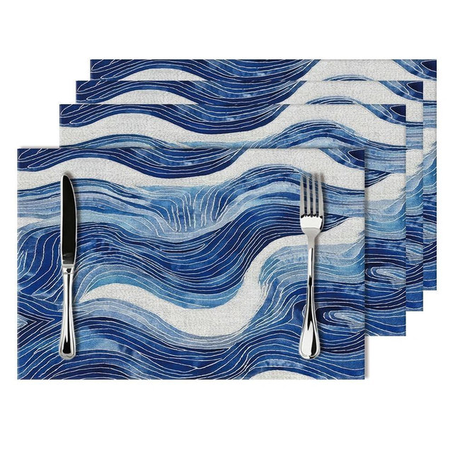 Blue and White Ocean Inspired Linen Placemats Set of 4, Washable Heat-Resistant Decorative Coastal Navy Blue White Wave Patterned Table Mats for Home Dining Parties, Gift for Beach Lovers, Home Decor
