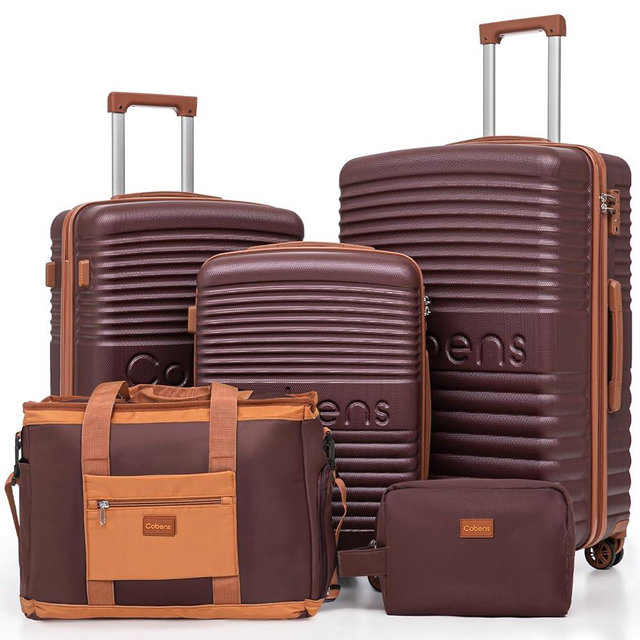 Cobens 5 Piece Luggage Sets with Spinner Wheels and Tsa Lock, Hardshell ABS Suitcase Set, Lightweight Hardside Waterproof Travel Suitcases for Men Women, 20", 24", 28" Burgundy