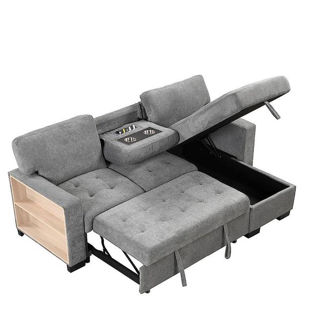 Merax Pull-Out Sofa Bed Light Chaise Lounge Sectional with Storage Rack,Drop Down Table and USB Charger L Shaped, Gray