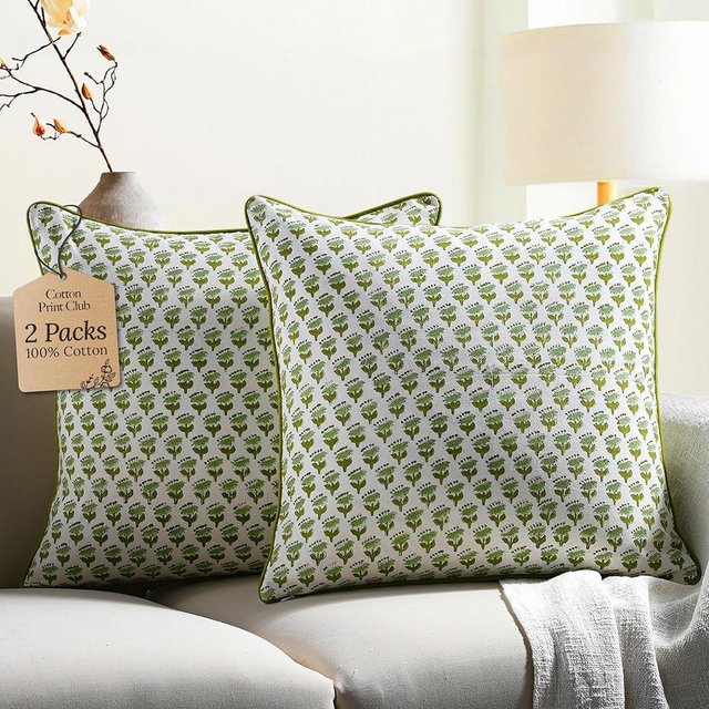 CPC 100% Cotton Throw Pillow Covers 24x24 Inch, Set of 2 Green Block Print Pattern Couch Pillow, Cute Boho Decorative Pillows for Living Room, Bedroom with Hidden Zipper- Emerald Green