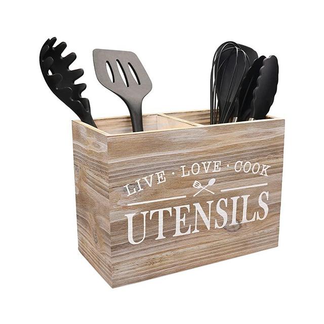 Karisky Kitchen Utensil Holder with Removable Bottom Large 2 Compartments Utensil Organizer Farmhouse Utensil Caddy for Countertop Decor, 9 x 7 x 5 Inch, Nature